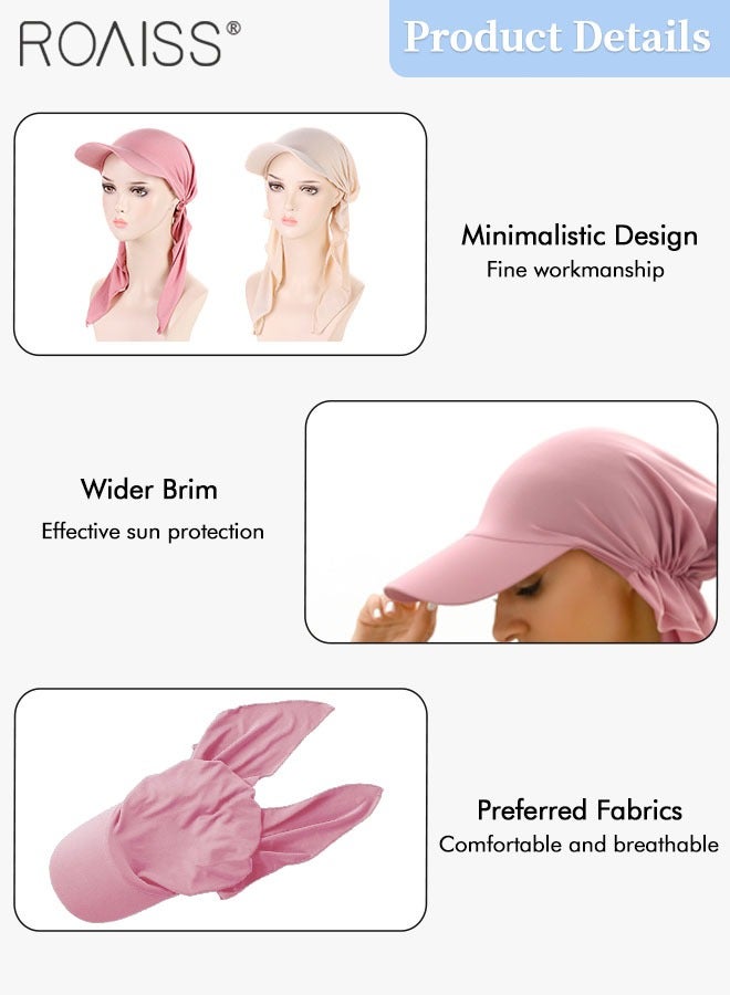 رويس قطعتان من قبعة واقية من الشمس بوشاح للرأس، قبعة بونيه نسائية مسلمة توربان قبعة بيسبول منحنية، قبعة لف الشعر لفقدان الشعر، البيج والوردي - Image 5