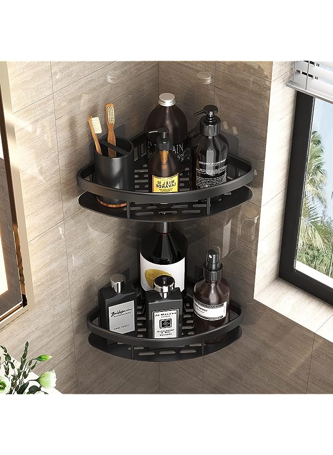 IAF Corner Shower Caddy Shelf，Non Drilling Adhesive Black Bathroom Basket Frame，Rustproof Bath Storage Basket。 Suitable for Bathroom, Toilet, Kitchen-2pack - Image 1