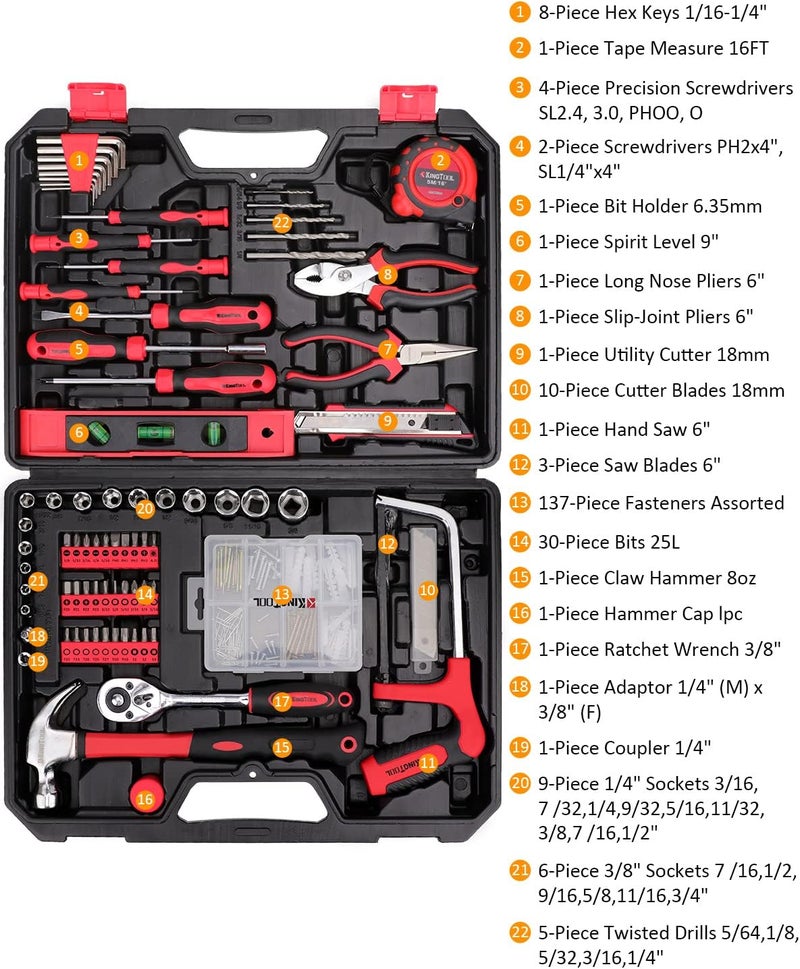KingTool Home Repair Tool Kit - 226 Piece General Home/Auto Repair Tool Set, General Mechanic Tool Set, General Household Tool Kit, Perfect for Homeowner, Diyer, Handyman - Image 2