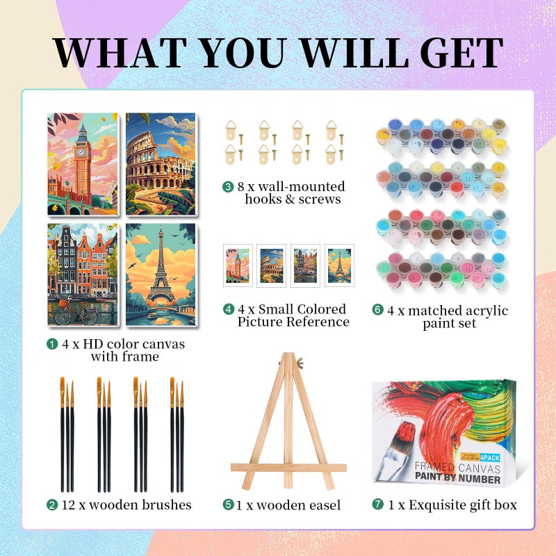 Camocin 4 Pack Framed Paint by Numbers Kit for Adults with Wooden Easel, City Landscape Paint by Numbers with Frame for Beginner, City Travel Adult Paints by Number Kits on Canvas Framed 8 x 12 Inch - Image 4
