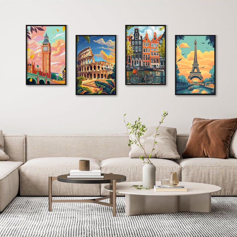 Camocin 4 Pack Framed Paint by Numbers Kit for Adults with Wooden Easel, City Landscape Paint by Numbers with Frame for Beginner, City Travel Adult Paints by Number Kits on Canvas Framed 8 x 12 Inch - Image 2