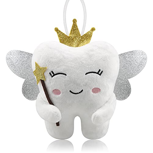 Thootyriaf Tooth Fairy Pillow with Shiny Wings Embroidered Tooth Fairy Doll with Pocket Crystal Velvet Tooth Fairy Souvenir Boy Girl Gift White White - Image 1