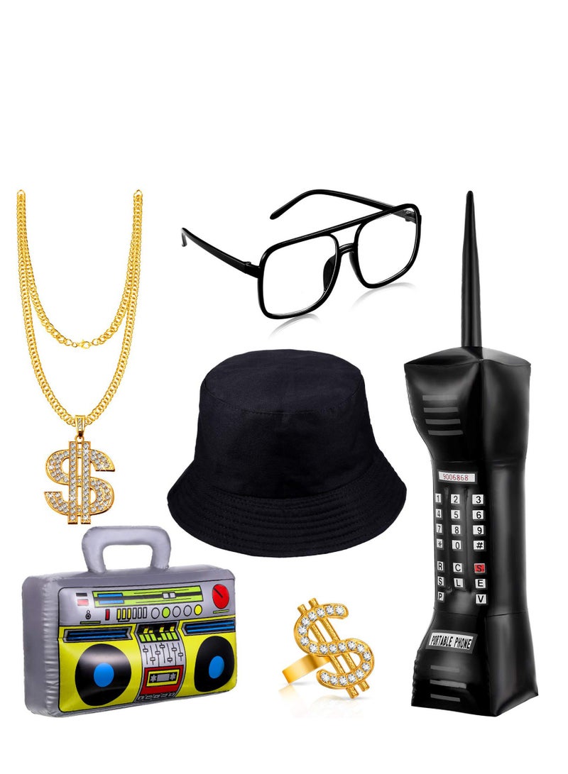 Excefore 6 Pcs 80s 90s Hip Hop Costume Kit Inflatable Radio Boombox Phone Necklace Ring Sunglasses Hat Rapper Accessories  - Image 1