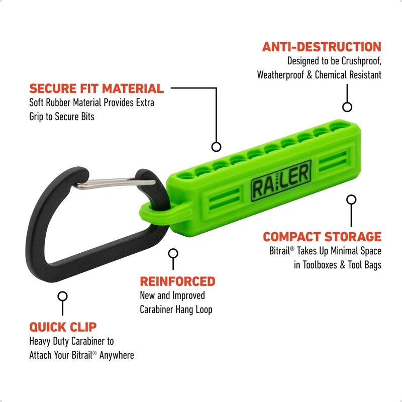 Railer Screwdriver Bit Holder Storage Organizer â€“ Railer 10-Hole Hi-Vis Green Bit Holder with Carabiner - 2 Pack - Image 2