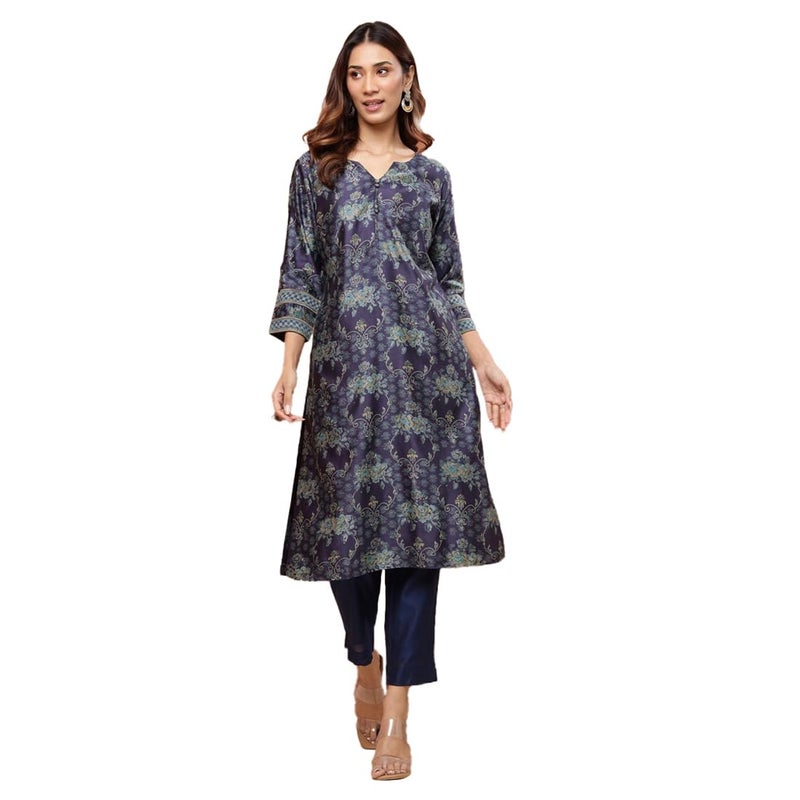 Fabindia Blue Cotton Silk Hand Block Printed Long Kurta - Image 4