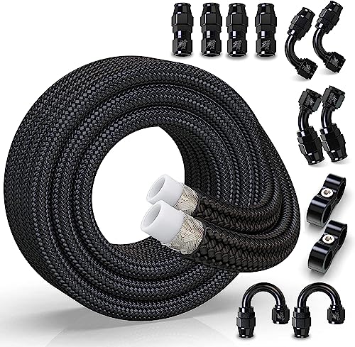 RENO 6AN Fuel Line Kit 6AN Fuel Line Fittings PTFE E85 Nylon Braided Fuel Hose Reel with Fitting Hose Separator Clamp20FT 516 inch ID Black - Image 1