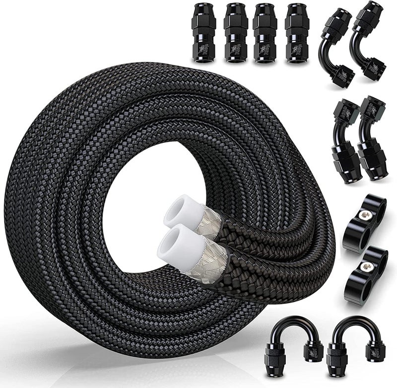 RENO 6AN Fuel Line Kit 6AN Fuel Line Fittings PTFE E85 Nylon Braided Fuel Hose Reel with Fitting Hose Separator Clamp20FT 516 inch ID Black - Image 2