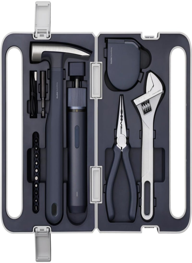 HOTO - Electric Screwdriver 3.6V 5-Piece Tool Set | Magnetic Claw Hammer, Self-Lock Measuring Tape, Needle Nose Plier, Adjustable Spanner & 10 Bits | Compact & Durable DIY Kit (Black) - Image 1