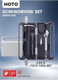 HOTO Electric Screwdriver 3.6V 5-Piece Tool Set | Magnetic Claw Hammer, Self-Lock Measuring Tape, Needle Nose Plier, Adjustable Spanner & 10 Bits | Compact & Durable DIY Kit (Black)  - Image 1