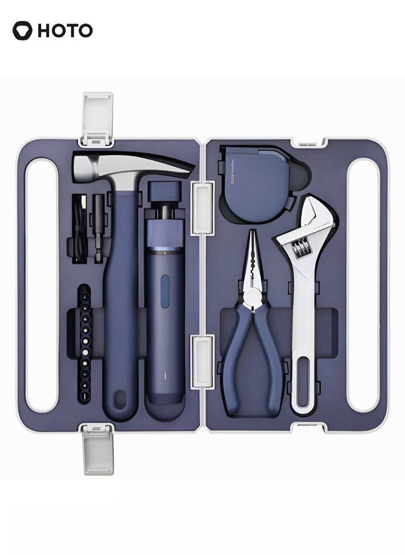 HOTO - Electric Screwdriver 3.6V 5-Piece Tool Set | Magnetic Claw Hammer, Self-Lock Measuring Tape, Needle Nose Plier, Adjustable Spanner & 10 Bits | Compact & Durable DIY Kit (Black) - Image 1