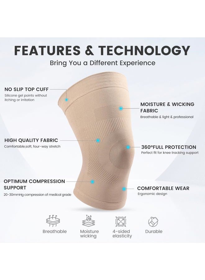 MGANG Knee Compression Sleeves, 1 Pair, Can Be Worn Under Pants, 20-30mmHg Strong Support Knee Brace for Unisex, Knee Support for Meniscus Tear, Arthritis, Pain Relief, Injury Recovery, Daily Wear, Beige M - Image 3