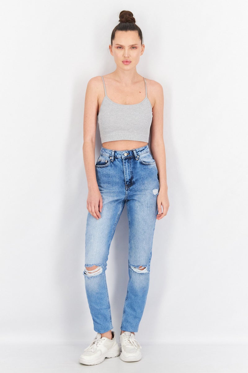 NA-KD Anika Teller x NA-KD Women Straight Fit Washed  Denim Jeans, Blue - Image 4