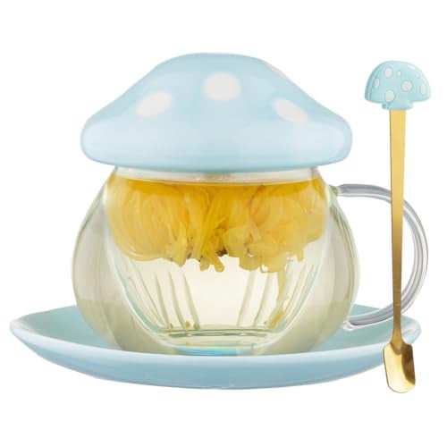 Rain House Mushroom Tea Cup Set, Cute Glass Tea Cups and Saucers, Kawaii Tea Cup with Infuser for Loose Leaf Tea Steeper, Coffee Mug Christmas Gifts for Women,Tea Infuser Mug with Lid for Mother Girls (Blue) - Image 1