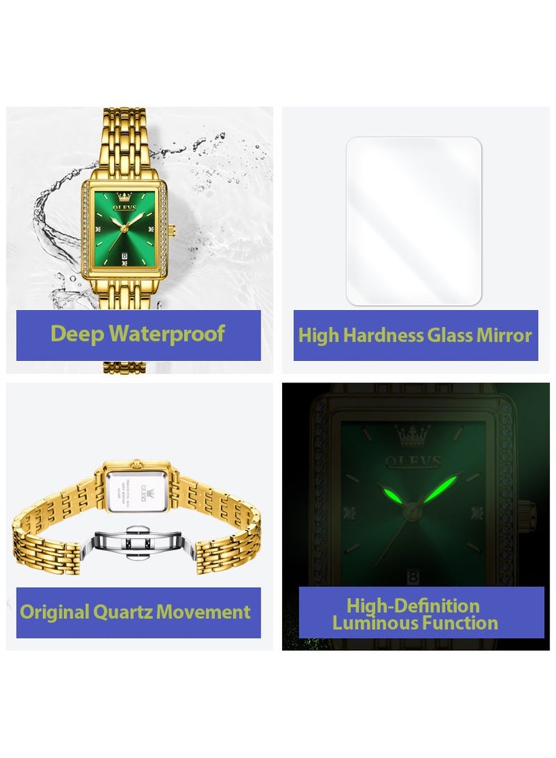 أوليفز ساعة نسائية أنيقة وعصرية مربعة الشكل بسوار كوارتز مع تاريخ مقاومة للماء هيكل ذهبي ومينا أخضر 9995 - Image 3