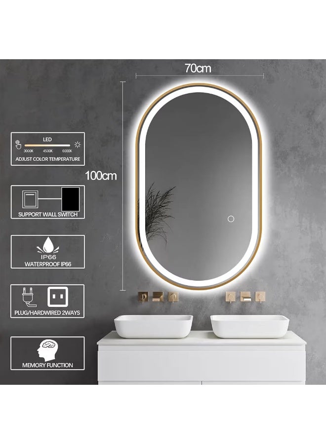 Vphom Oval LED Bathroom Mirror (100×70) Dimmable 3-Color Light, Anti-Fog Vanity Mirror with Gold Frame, Wall-Mounted Smart Makeup Mirror - Image 2