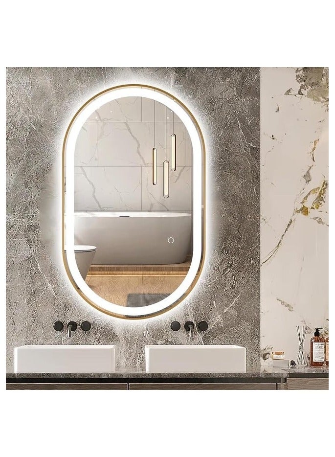 Vphom Oval LED Bathroom Mirror (100×70) Dimmable 3-Color Light, Anti-Fog Vanity Mirror with Gold Frame, Wall-Mounted Smart Makeup Mirror - Image 1