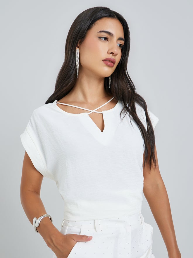Styli White Crisscross Neck Blouse - Image 1