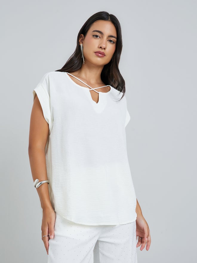 Styli White Crisscross Neck Blouse - Image 3