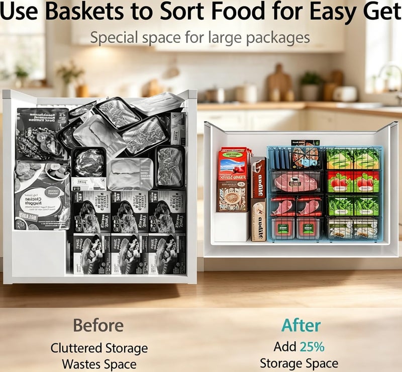 Zenaro 4 Pack Freezer Basket Organizer Bins, Emeralune Stackable Metal Deep Freezer Organizers with Foldable Handle, Wire Storage Baskets for Frozen Food Meat Vegetables, 37×18×15cm - Image 4