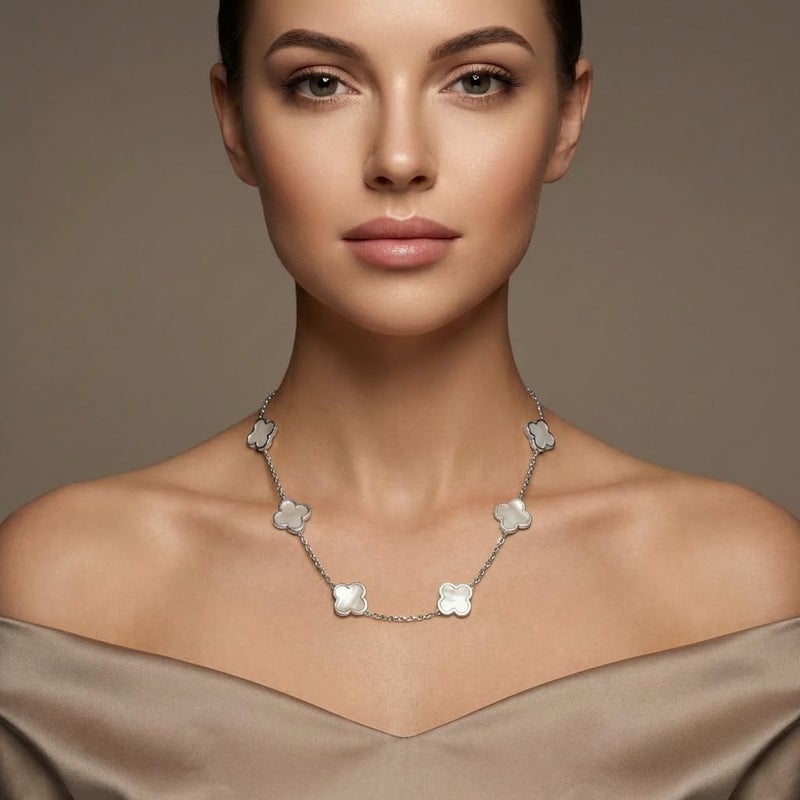 SHINYY Four Leaf Clover Choker Necklace for Women | 18K Gold Plated Lucky 4 Leaf Jewelry | Trendy Gifts (Silver White Choker) - Image 4