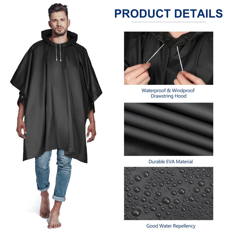 Zhehao 10 Pcs 10 Pcs Rain Ponchos for Adults with Drawstring Hood Reusable Raincoats Waterproof Thickened Rain Jacket for Men Women (Black) - Image 4