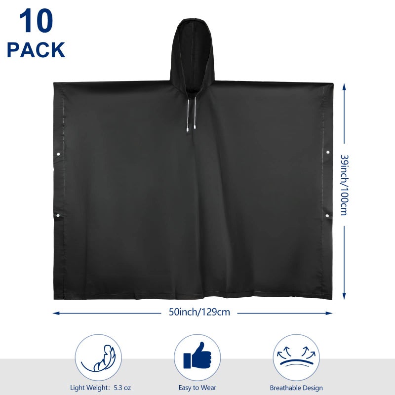 Zhehao 10 Pcs 10 Pcs Rain Ponchos for Adults with Drawstring Hood Reusable Raincoats Waterproof Thickened Rain Jacket for Men Women (Black) - Image 2