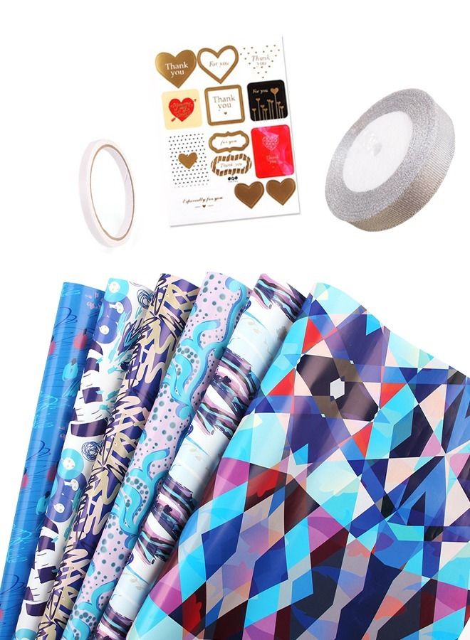 6 Sheets Gift Wrapping Paper with Party Theme Series for Her Him Women Men Kids Childrens Birthday Gifts Wrapping with Sticker and Tape - Image 1