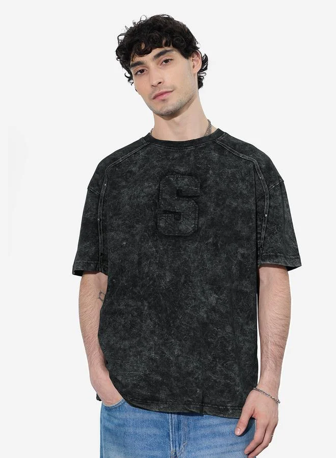 The Souled Store Men Black Vintage Wash Oversized T-Shirt