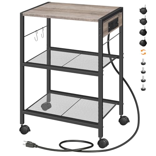 HOOBRO Industrial Printer Stand 3Tier Mobile Printer Table Rolling Cart with Power Outlets and USB Ports Home Printer Stand with 2 Hooks for Office Living Room Greige and Black BG22UPS01 - Image 1