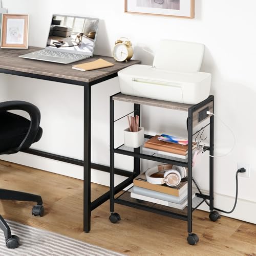 HOOBRO Industrial Printer Stand 3Tier Mobile Printer Table Rolling Cart with Power Outlets and USB Ports Home Printer Stand with 2 Hooks for Office Living Room Greige and Black BG22UPS01 - Image 3