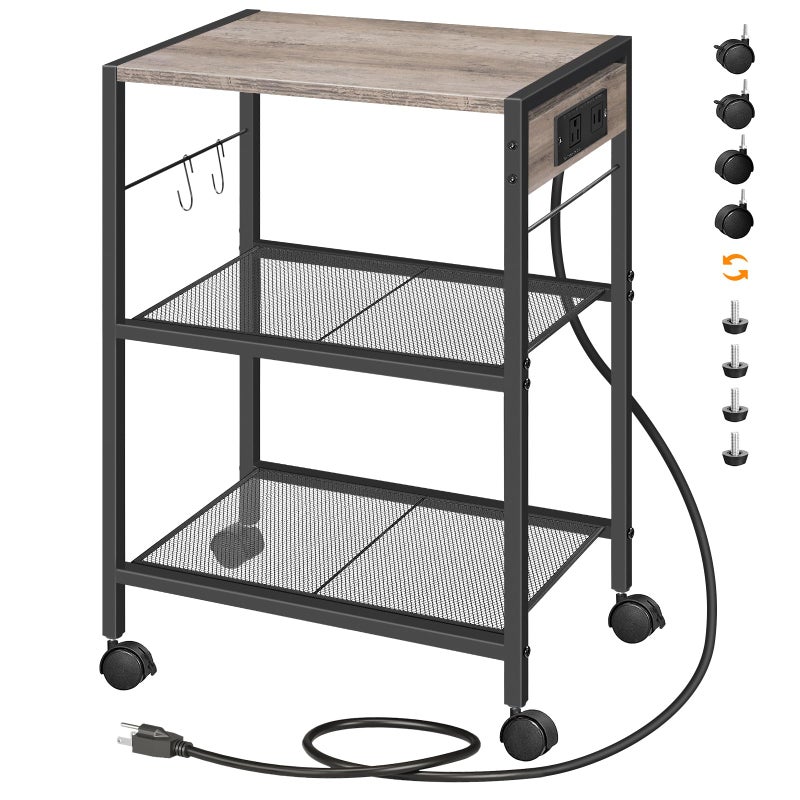 HOOBRO Industrial Printer Stand 3Tier Mobile Printer Table Rolling Cart with Power Outlets and USB Ports Home Printer Stand with 2 Hooks for Office Living Room Greige and Black BG22UPS01 - Image 2