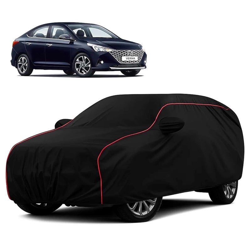 sulfar 100% Water Resistant Car Body Cover Compatible with Mirror for Hyundai Fluidic Verna (Triple Stitched, Full Bottom Elastic, Black with Red Piping) - Image 1