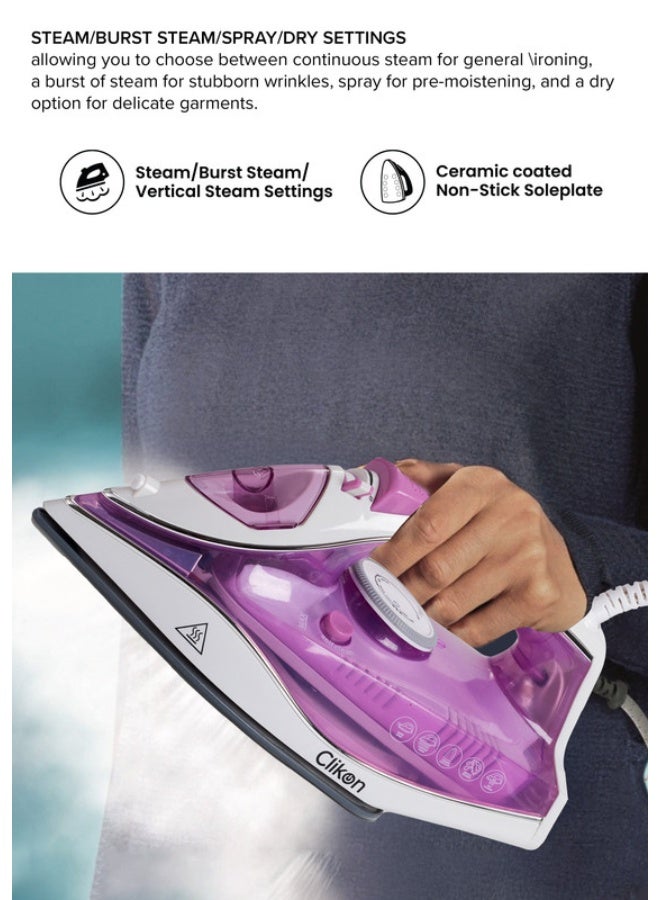 Clikon Steam Iron with Non-Stick Soleplate/Self Clean Function 250 ml 2200 W CK4131 Purple - Image 2