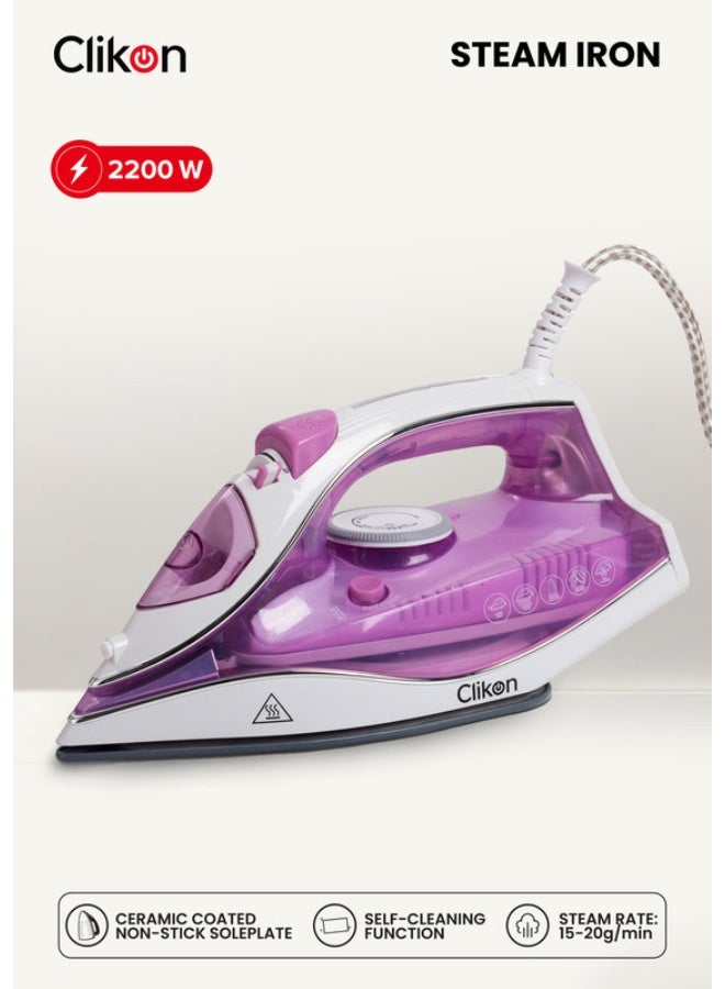 Clikon Steam Iron with Non-Stick Soleplate/Self Clean Function 250 ml 2200 W CK4131 Purple - Image 1