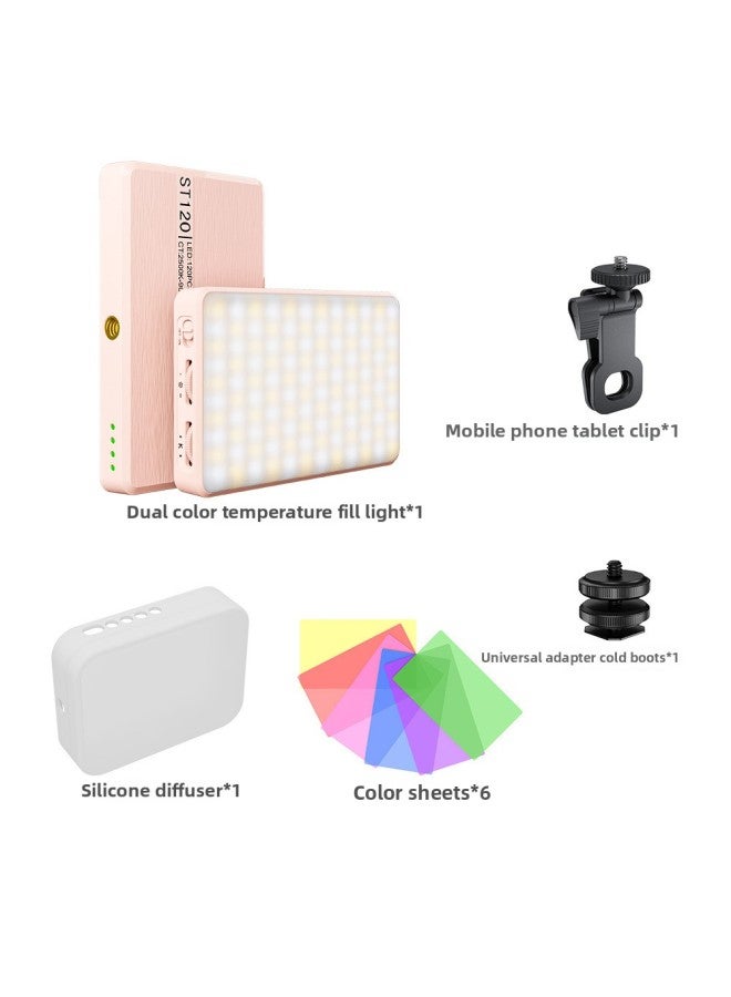 Mobile Phone Fill Light Table Live With Ring Light Photography Special Compact Video Shooting Light-Specifications:St120 Pink + Mobile Phone Clip + Silicone Case + Color Film + Hot Shoe  - Image 1