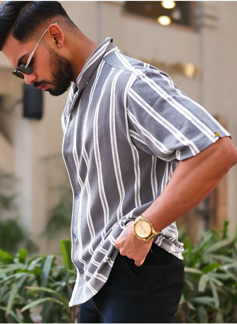 Maniac Maniac Mens Vertical Stripes Half Sleeve Terry Fabric Grey Slim Fit Shirt