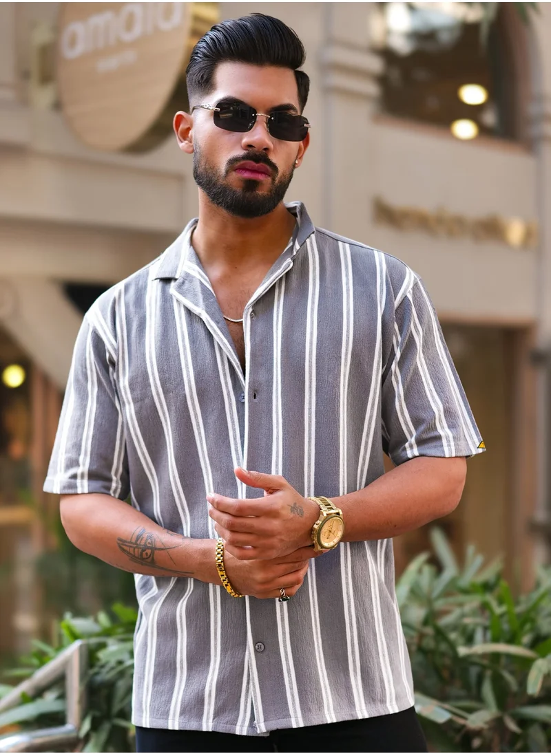 Maniac Maniac Mens Vertical Stripes Half Sleeve Terry Fabric Grey Slim Fit Shirt