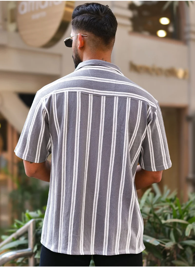 Maniac Maniac Mens Vertical Stripes Half Sleeve Terry Fabric Grey Slim Fit Shirt