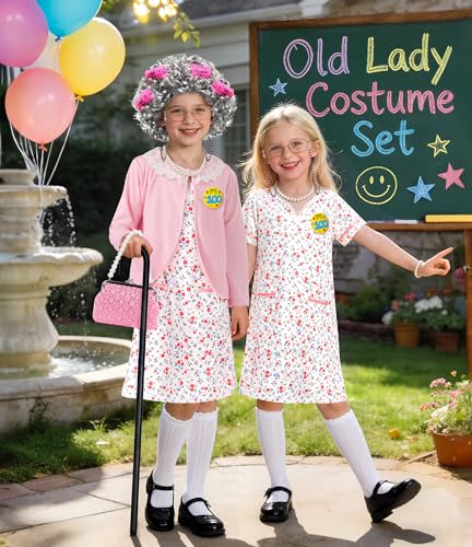 STOPKLAS Old Lady Costume for Kids 100 Days of School Costume for Girls 100th day of School Granny Grandma Dress Up Costume Outfit Old Lady Cosplay Set with Old Lady Dress and Wig for Gilrs 5 6 7 - Image 5