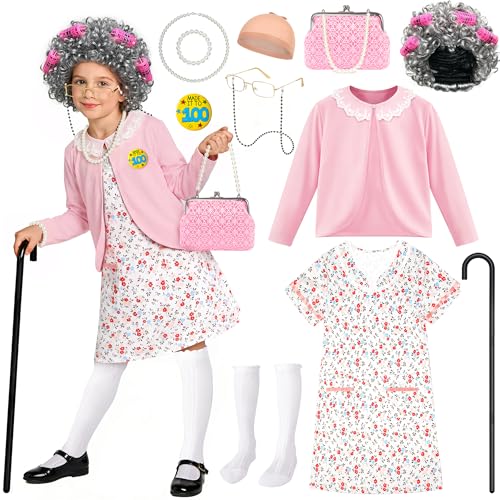 STOPKLAS Old Lady Costume for Kids 100 Days of School Costume for Girls 100th day of School Granny Grandma Dress Up Costume Outfit Old Lady Cosplay Set with Old Lady Dress and Wig for Gilrs 5 6 7 - Image 1