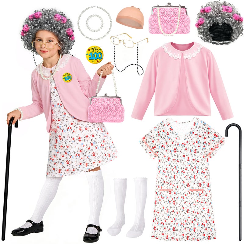 STOPKLAS Old Lady Costume for Kids 100 Days of School Costume for Girls 100th day of School Granny Grandma Dress Up Costume Outfit Old Lady Cosplay Set with Old Lady Dress and Wig for Gilrs 5 6 7 - Image 3