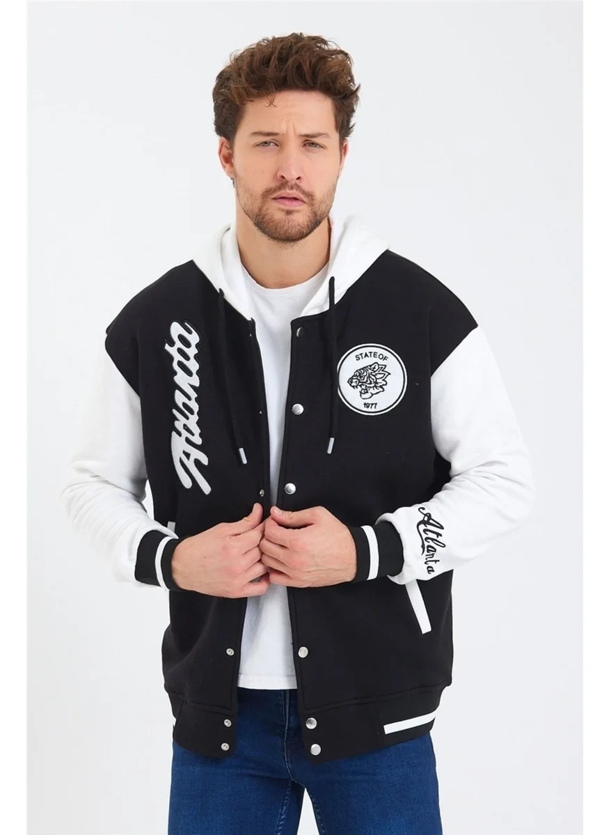 Cool Tarz Men's Black Embroidered Hooded College JACKET-KPKLJCK01R01S