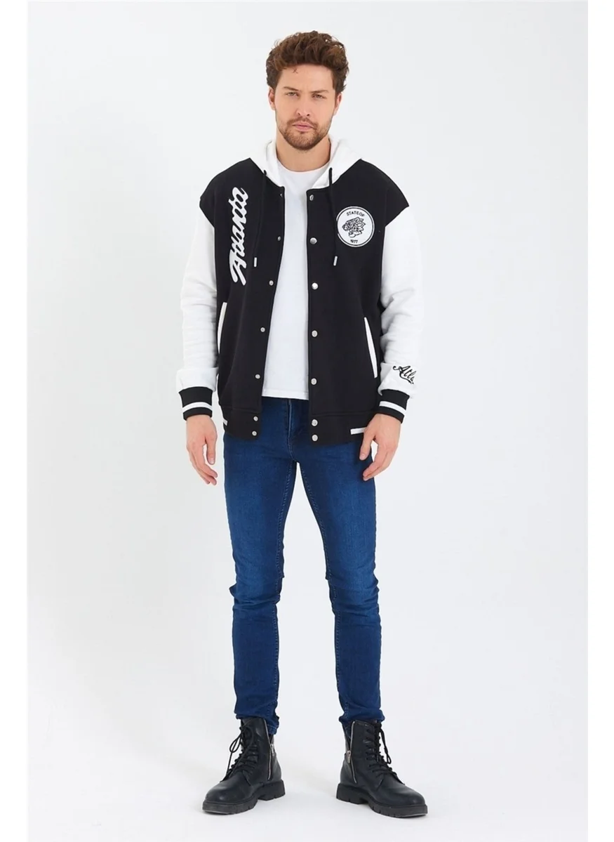Cool Tarz Men's Black Embroidered Hooded College JACKET-KPKLJCK01R01S