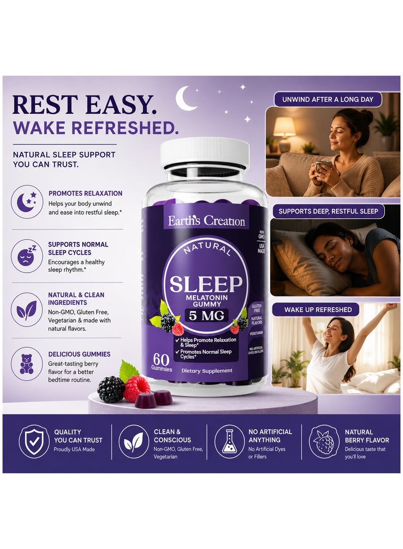 Earth's Creation Melatonin Sleep Gummy Natural 5mg Helps Relaxation & Normal Sleep Cycle Berry Dietary Supplement 60 Gummies - Image 2