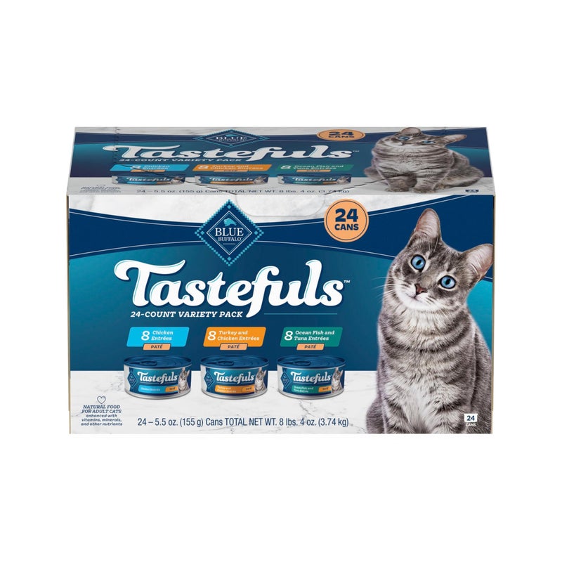 Blue Buffalo Tastefuls Wet Cat Food Paté Variety Pack, Made with Natural Ingredients, Chicken, Turkey & Chicken, Ocean Fish & Tuna Entrées, 5.5-oz Cans (24 Count, 8 of Each) - Image 1