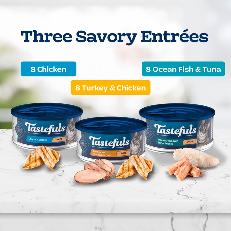 Blue Buffalo Tastefuls Wet Cat Food Paté Variety Pack, Made with Natural Ingredients, Chicken, Turkey & Chicken, Ocean Fish & Tuna Entrées, 5.5-oz Cans (24 Count, 8 of Each) - Image 3