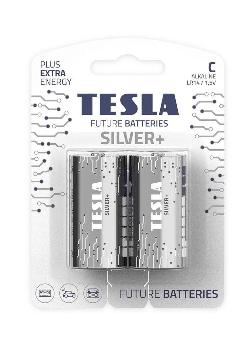 بطاريات تسلا بطاريات قلوية SILVER+ C LR14 قطعتين - بطاريات قوية لأقصى أداء، طاقة ثابتة 1.5 فولت للأجهزة عالية الاستهلاك مثل الكاميرات والميكروفونات وأدوات القياس، مع تركيبة مانعة للتسرب، وأداء طويل الأمد، وتصميم صديق للبيئة، ومناسبة للاستخدام المنزلي والمهني، طاقة موثوقة تدوم لأطول فترة ممكنة  - Image 1