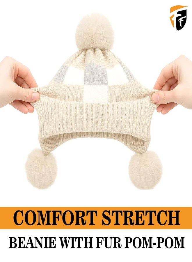 FF Premium Thermal Winter Earflap Pom Pom Beanie Cap for Women Warm Woollen Knitted Winter Cap Soft Fleece Lined Stylish Cold Weather Hat - Beige - Image 4