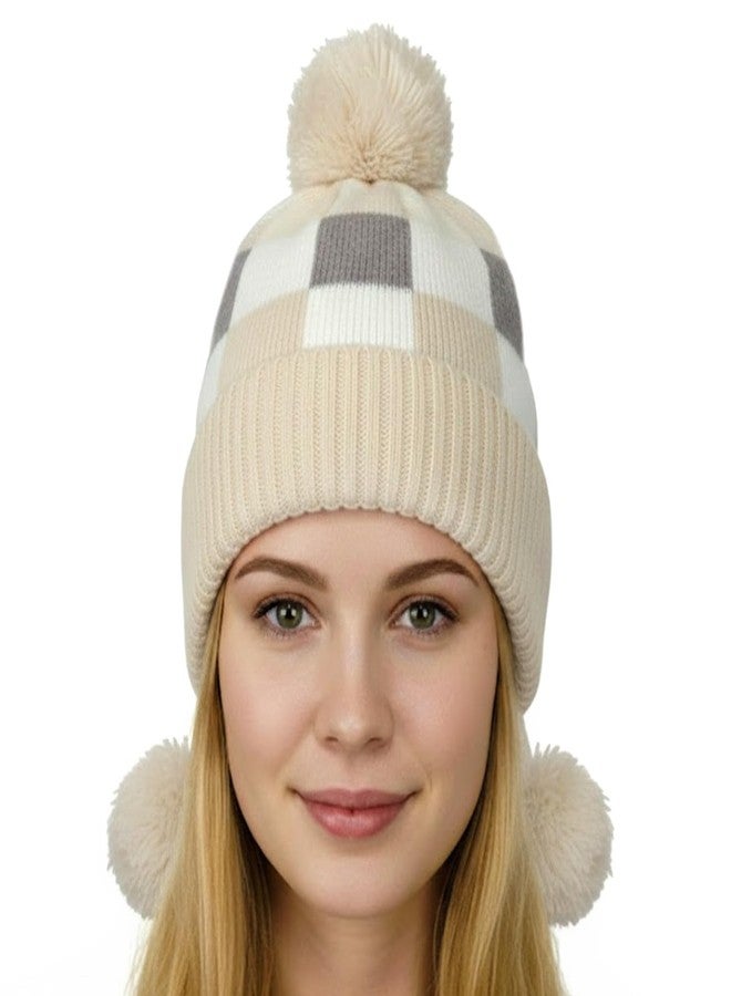 FF Premium Thermal Winter Earflap Pom Pom Beanie Cap for Women Warm Woollen Knitted Winter Cap Soft Fleece Lined Stylish Cold Weather Hat - Beige - Image 1