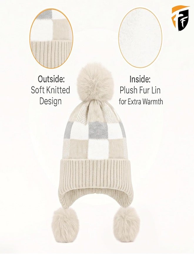 FF Premium Thermal Winter Earflap Pom Pom Beanie Cap for Women Warm Woollen Knitted Winter Cap Soft Fleece Lined Stylish Cold Weather Hat - Beige - Image 3